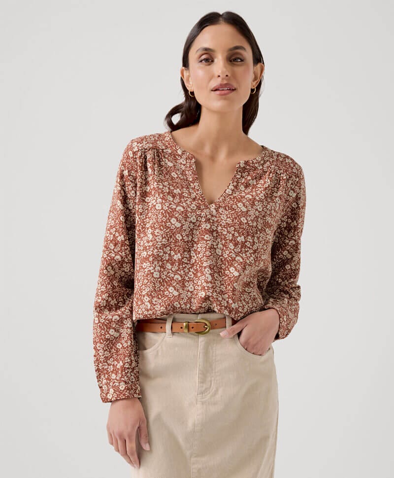 Women's Baked Clay Prairie Floral Cafe Crepe Poet Blouse S