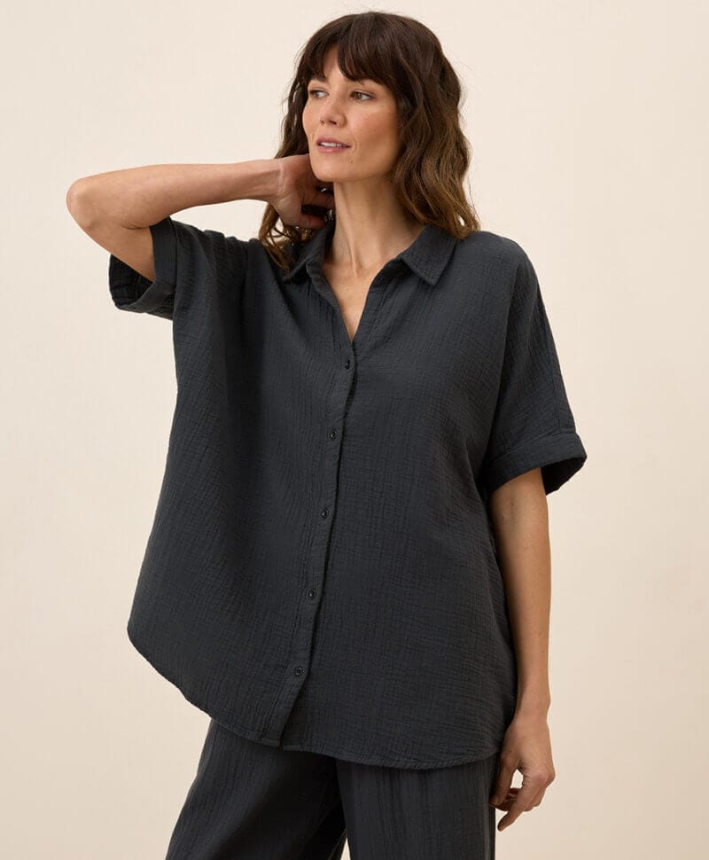 Women's Black Coastal Double Gauze Oversized Shirt XL/2XL