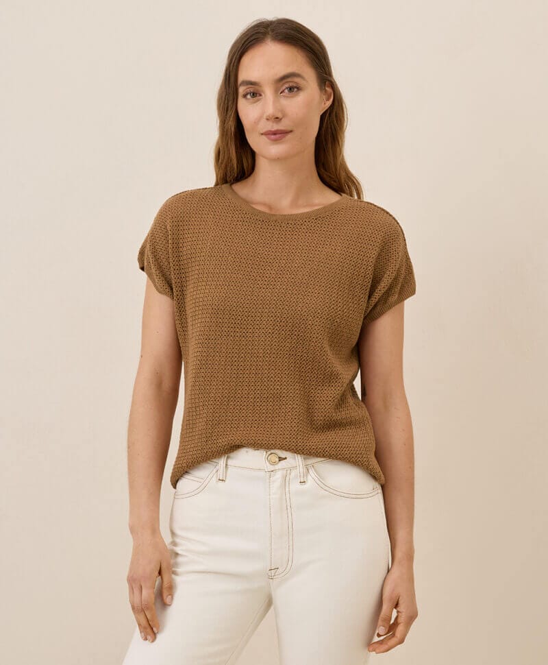 Women's Brown Sugar Beachside Crochet Knit Short Sleeve Top M