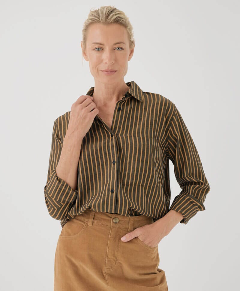 Women's Camel Bondi Stripe Sunset Lightweight Cotton Classic Shirt S
