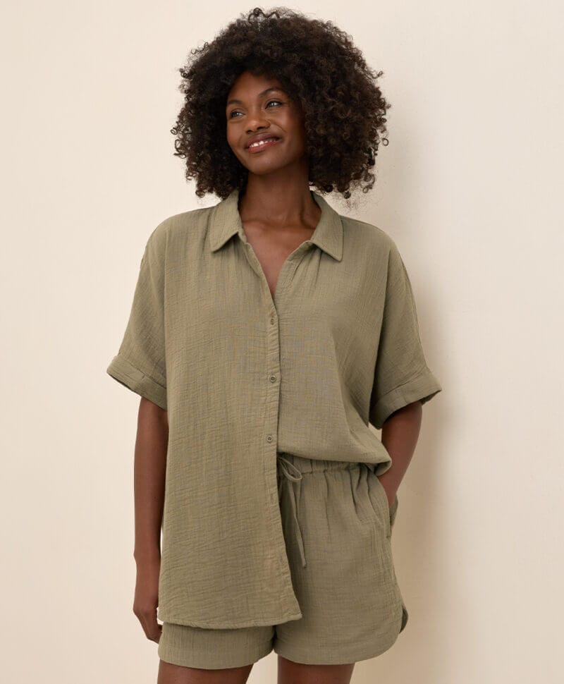 Women's Khaki Green Coastal Double Gauze Oversized Shirt SX