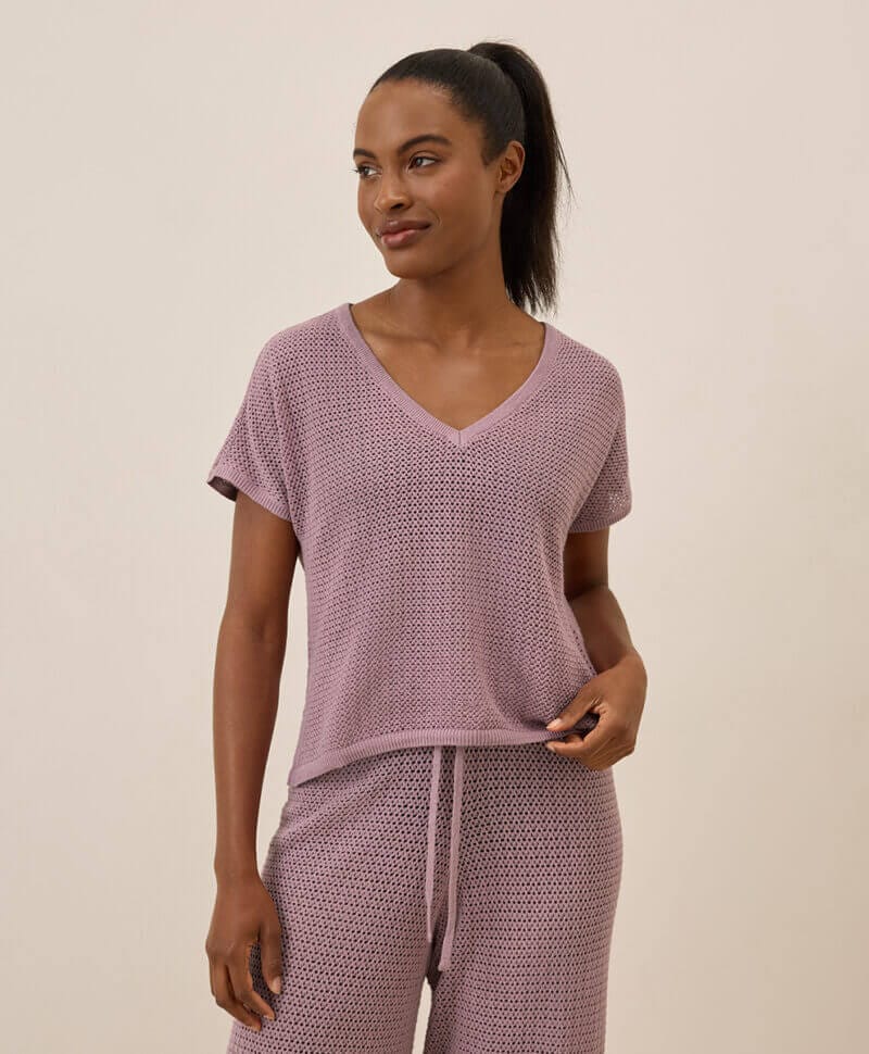 Women's Lavender Haze Beachside Crochet Knit V-Neck Top XS