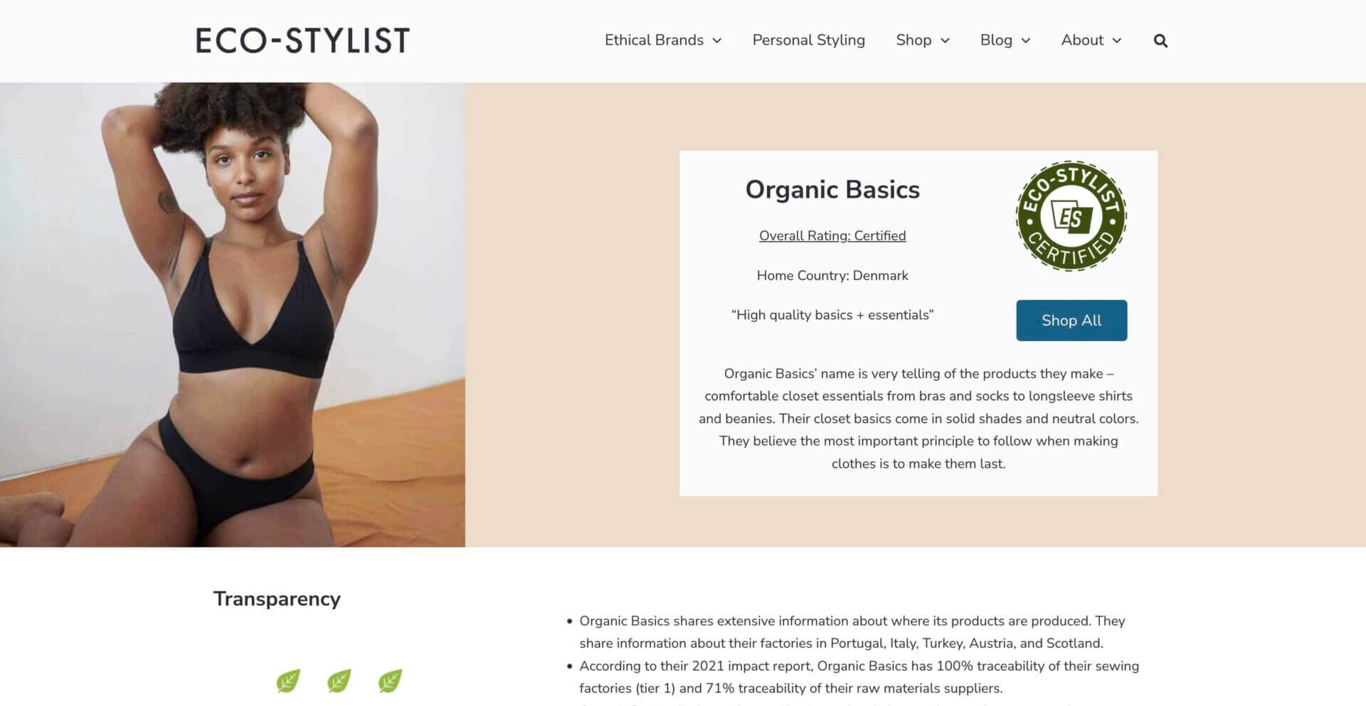 Screenshot of Organic Basics' Eco-Stylist Certification from 2023