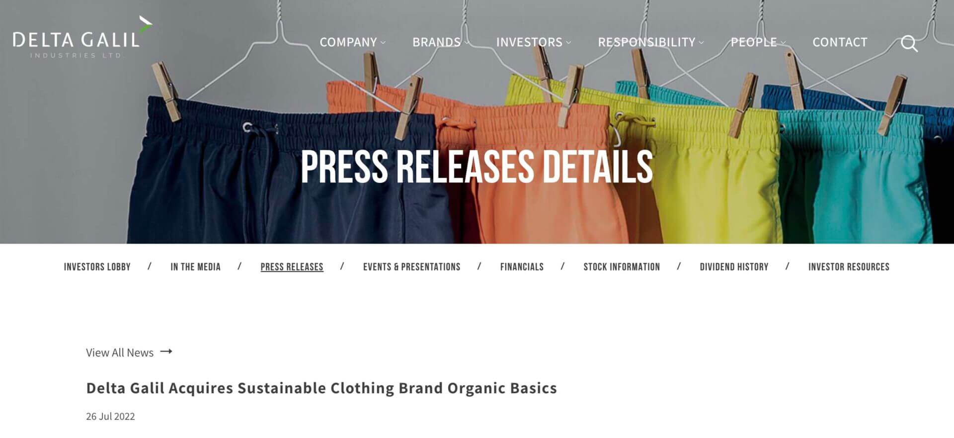 Screenshot of press release that Delta Galil acquires Organic Basics from Delta Galil website
