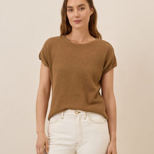 Women's Brown Sugar Beachside Crochet Knit Short Sleeve Top M