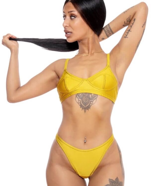 ColieCo Eco-Stylist Brand Rating_photo of model in ColieCo yellow swimwear