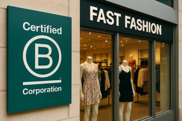 A storefront scene showing a Certified B Corporation sign on a beige wall next to a fast fashion store. The store displays mannequins dressed in trendy outfits, highlighting the fast fashion b corp controversy.