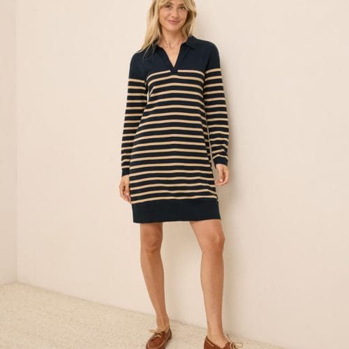 Women's Encinitas Stripe Midnight Blue Classic Fine Knit Collared Sweater Dress S