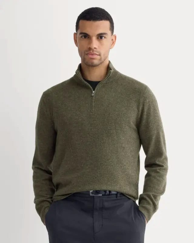 man wearing Everlane’s cashmere quarter zip in green