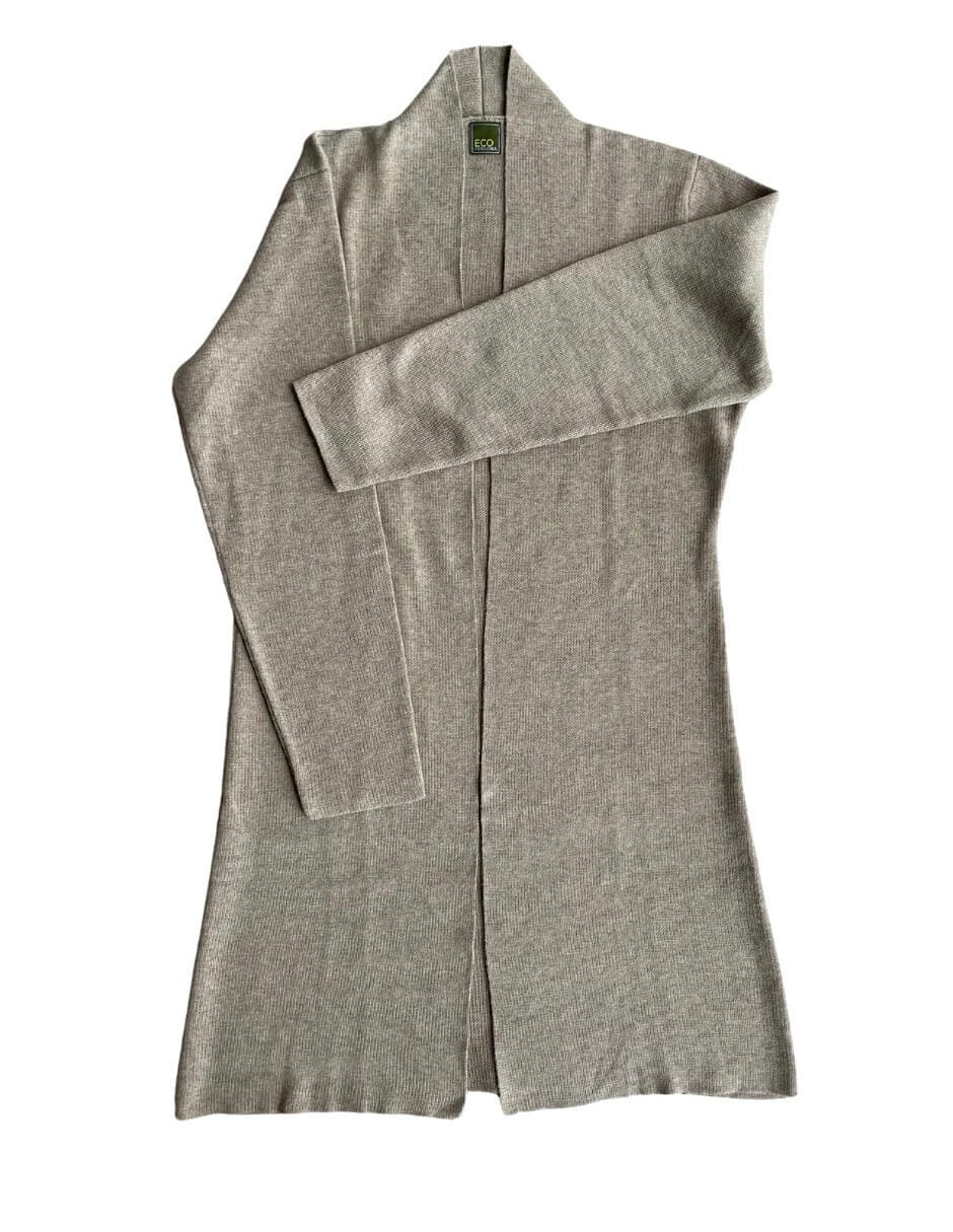 A picture of a grey sweater made of organic cotton and recycled PET on a white background.