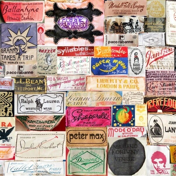 Collection of vintage clothing labels showcasing second-hand and pre-loved fashion brands.