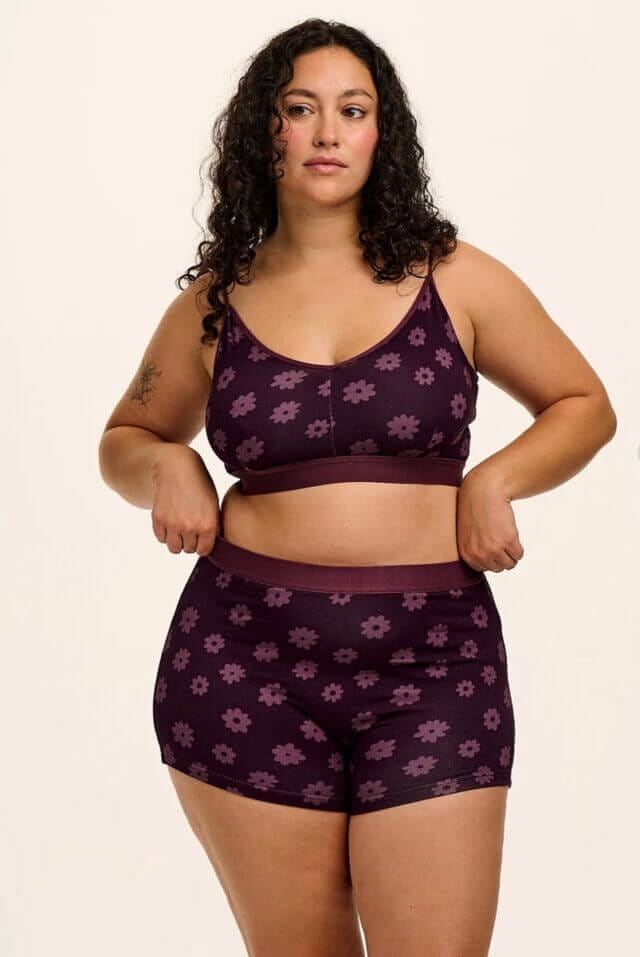 Sustainable purple, supportive and comfortable crop top by Lucy & Yak.