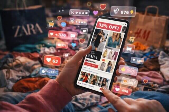 A person scrolling a smartphone filled with fast fashion ads, discounts, and social media engagement icons, illustrating how algorithms promote constant shopping and trend-driven consumption.