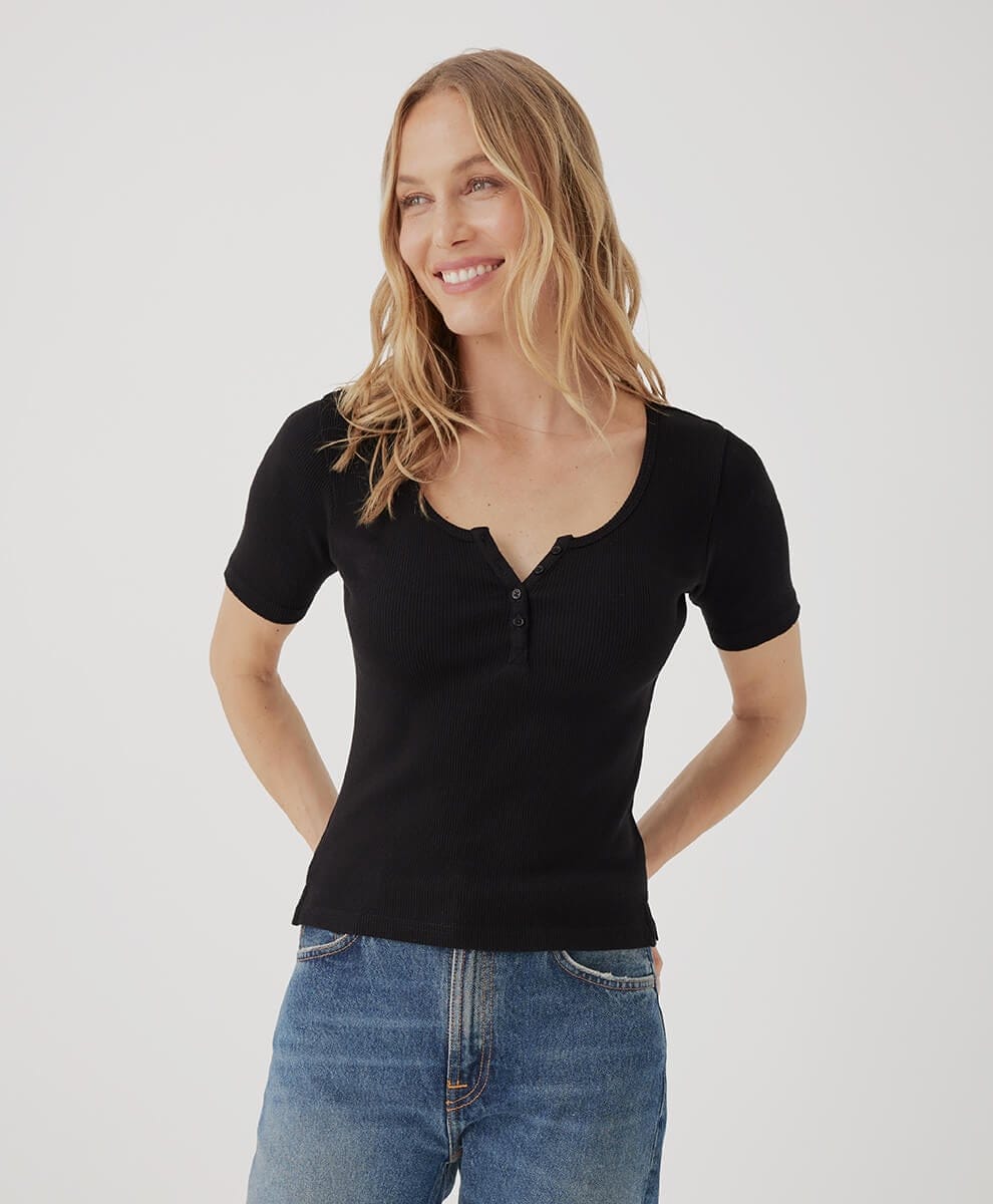 Women's Black Favorite Rib Henley Top XS